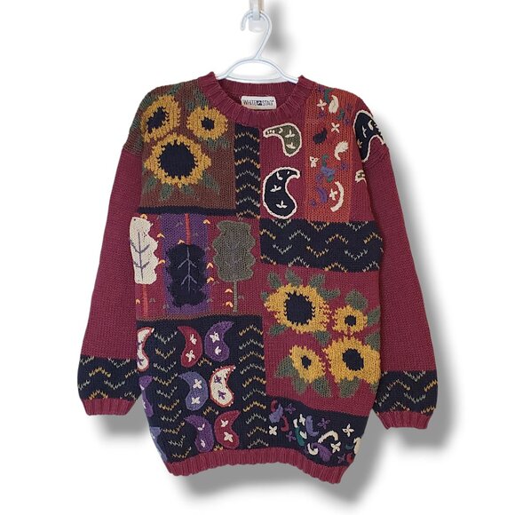 Vintage 90s Patchwork Patterned Fall Knit Sweater Red Size M - Picture 1 of 4